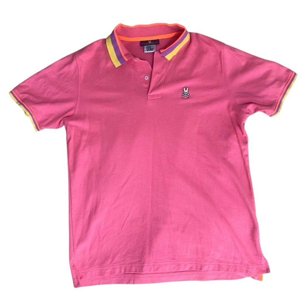 Psycho Bunny Men's Pique Polo Shirt – Pink with Striped Trim – Size Medium
